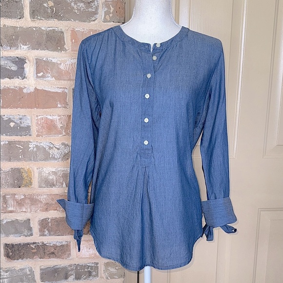 LOFT Blue Chambray Pleated Button Front Henley Popover Tunic Tie Cuffs Sz S - Picture 15 of 15